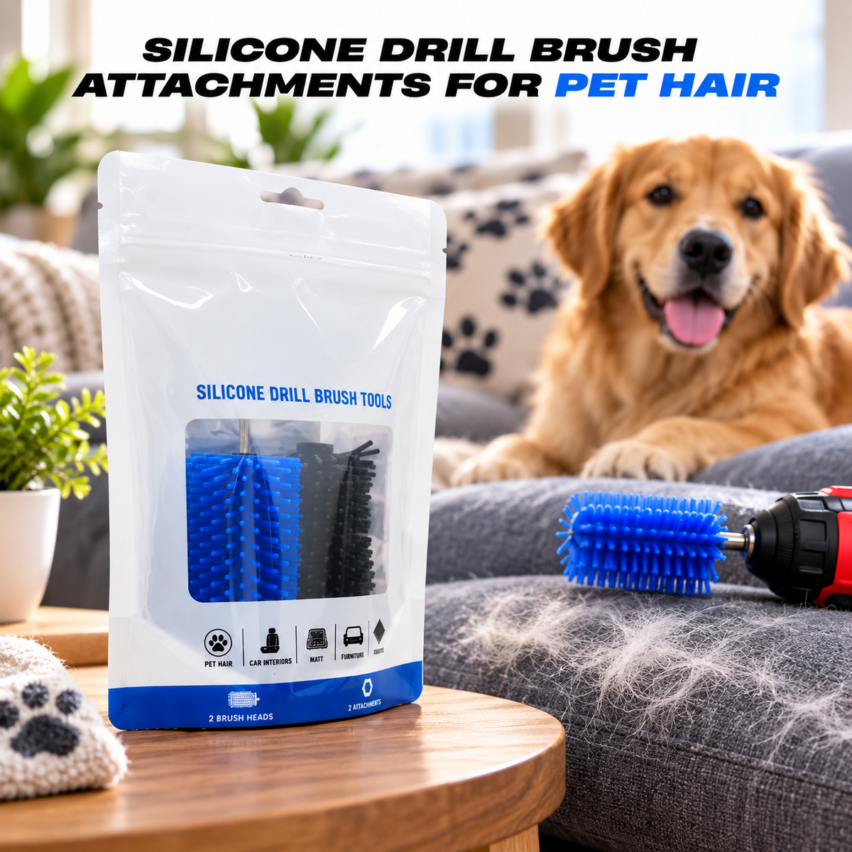 Silicone Pet Hair Drill Brush Set – Drill-Powered Silicone Brushes for Pet Hair, Carpet & Upholstery