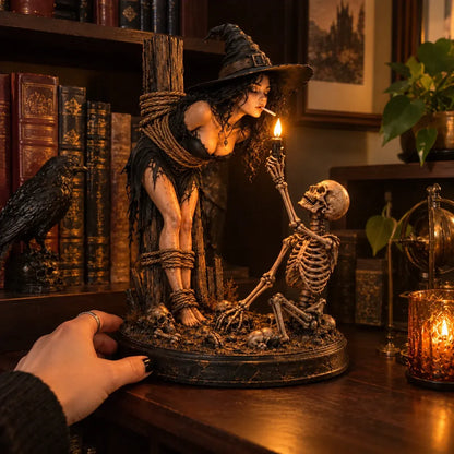 ⏳ 🖤 Light-Up Witch & Skeleton Gothic Figurine | Dark Halloween Tabletop Scene with Glowing Flame Detail 🔥