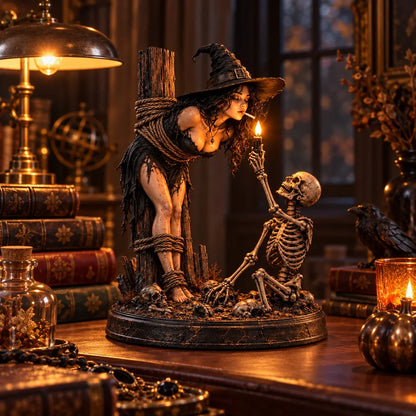 ⏳ 🖤 Light-Up Witch & Skeleton Gothic Figurine | Dark Halloween Tabletop Scene with Glowing Flame Detail 🔥